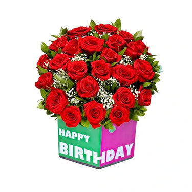 It's Your Day, Birthday Flowers Delight Arrangement, Red Roses, Green Ruscus Leaves, White Gypsophila, Square Glass Vase